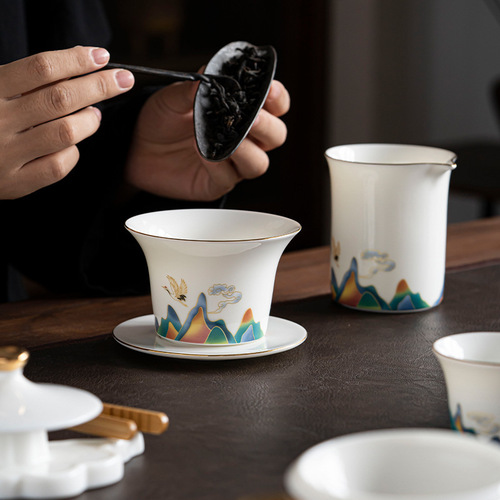 Tea cup, cover and bowl set, ceramic tea set, Chinese style high-end mutton fat jade white porcelain, home tea making gift box for entertaining guests