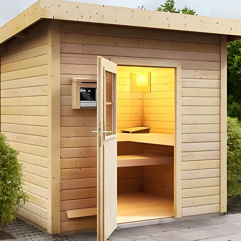 Производитель поставляет для вилл и клубов на открытом воздухе квадратные боковые двери из массива дерева для саун с электрической печью и камнями.