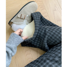毛呢羊羔绒格子裤女春秋冬2025新款加绒高腰直筒休闲小个子阔腿裤