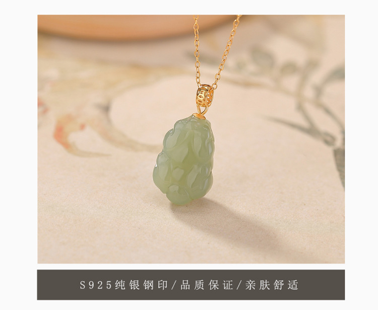 Mặt dây chuyền bạc S925 mạ vàng đá ngọc bích hình đồng xu Tỳ Hưu phong cách tân cổ điển — Mặt dây chuyền đơn (không kèm dây) chi tiết 7