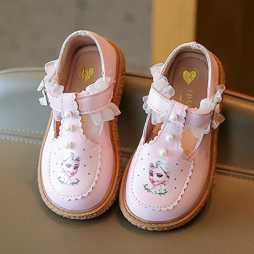 2024 Spring and Autumn New Girls' Lace Small Leather Shoes Student Soft Sole Princess Shoes Anti-Slip Beanie Shoes Baby Toddler Shoes