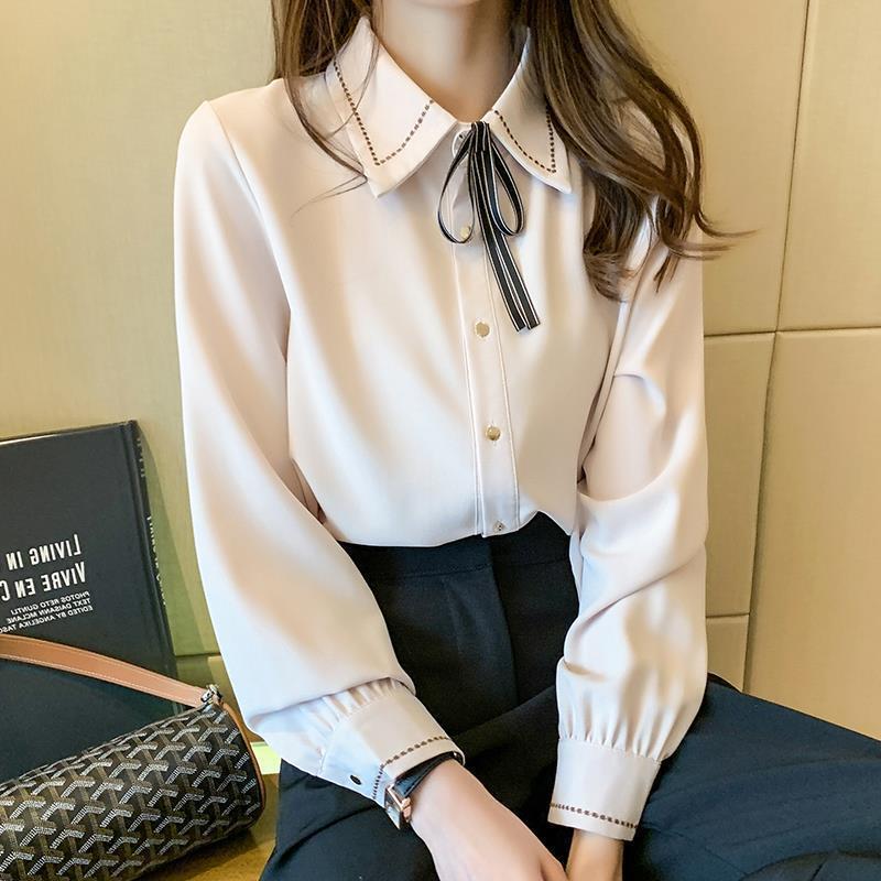シフォンシャツレディース長袖ボトリングシャツ春と秋の新作リボンシャツデザインニッチシックトップ|undefined