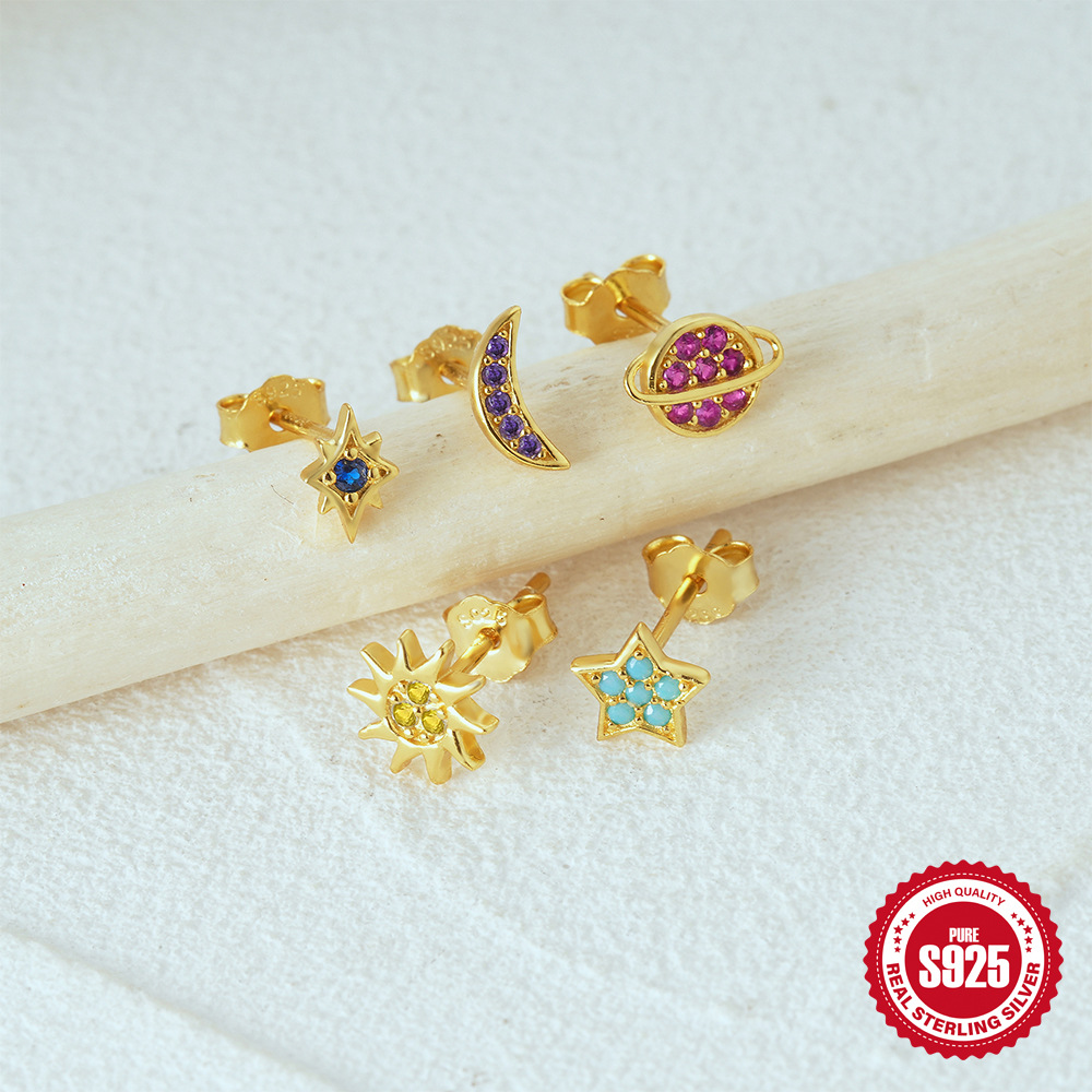 Nuevo conjunto de estrella y luna de Plata de Ley 925, colorido, Empress Planet, elegante y versátil, conjunto de 5 piezas de pendientes y pendientes