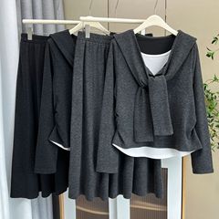 大码女装200斤秋季新款休闲撞色披肩长袖上衣半身裙两件套装8294