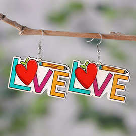 跨境新款LOVE爱心苹果铅笔耳环女孩毕业开学季礼物教师双面木耳坠