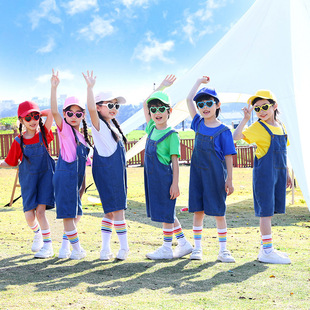 Children's costume kindergarten Denim suspenders candy-colored autumn games primary school cheerleading performance suit