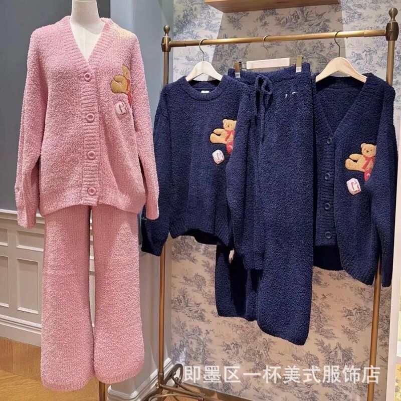 Japanese Gp Half Velvet Women's Pajamas Bear Round Neck Cardigan Soft Long-Sleeved Pajamas Women's Home Wear Set Wholesale