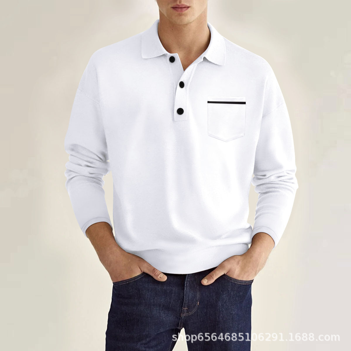 Estación independiente wish Amazon estilo caliente primavera manga larga con cuello en V botones bolsillos reales para hombres tops casuales polo