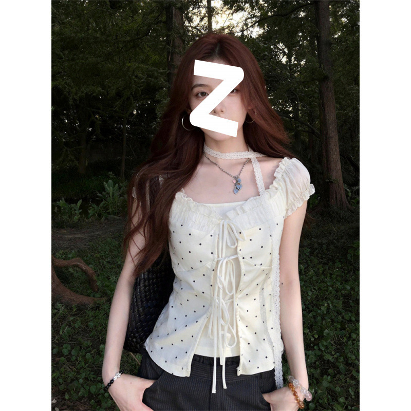 Korean-style gentle two-piece polka dot puff sleeve T-shirt for women, new summer style, elegant short-sleeved slim-fit top
