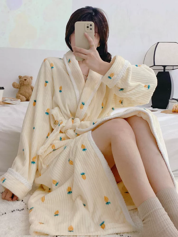 Демисезонный коралловый пижамный костюм, бархатный милый длинный bathrobe