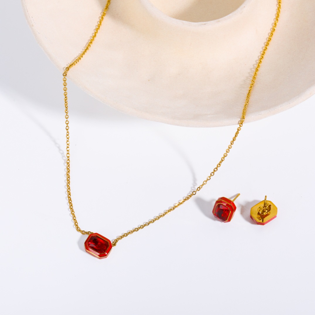 Fashion Square Stainless Steel Inlay Zircon Earrings Necklace