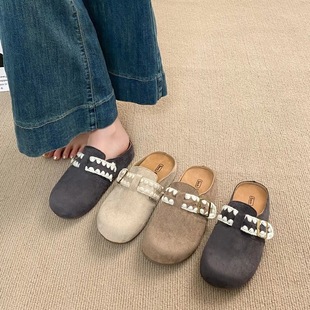 High-End Embroidered Birkenstock Shoes for Women 2025 New Spring and Summer Inner Heightening Thick-Soled Toe-Cap Half-Drag Retro Sandals