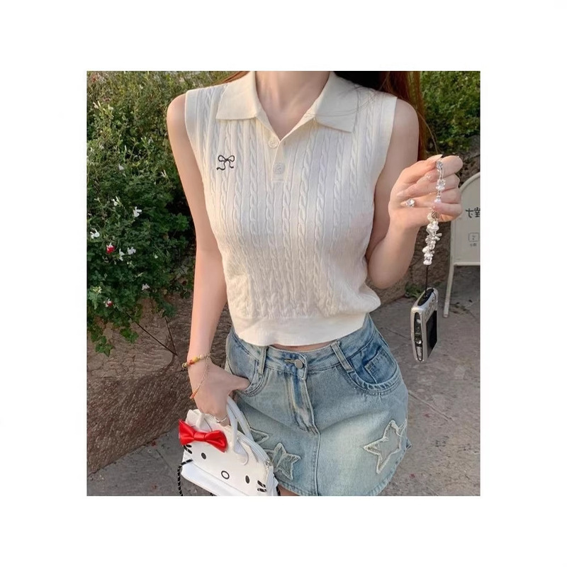 Spring and Autumn New Style Polo Collar Knitted Sweater Vest Sleeveless Top Camisole Women's Summer Outerwear Slim Fit Base Shirt