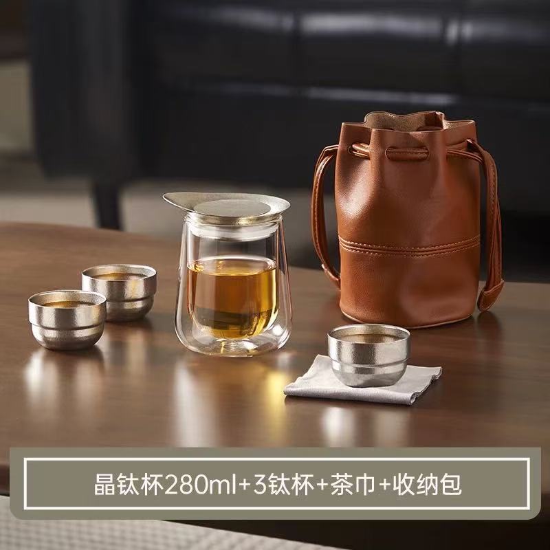 钛合金旅行茶具套装户外便携随身快客杯一壶三杯文创礼品晶钛茶杯