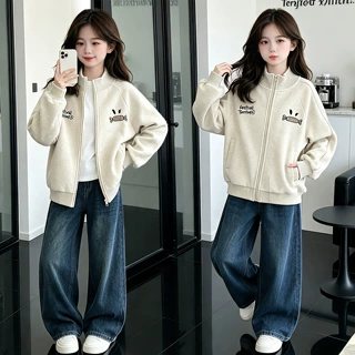 韩国女童秋装卡通满印外套新款大童时尚花边连帽卫衣开衫棒球服潮