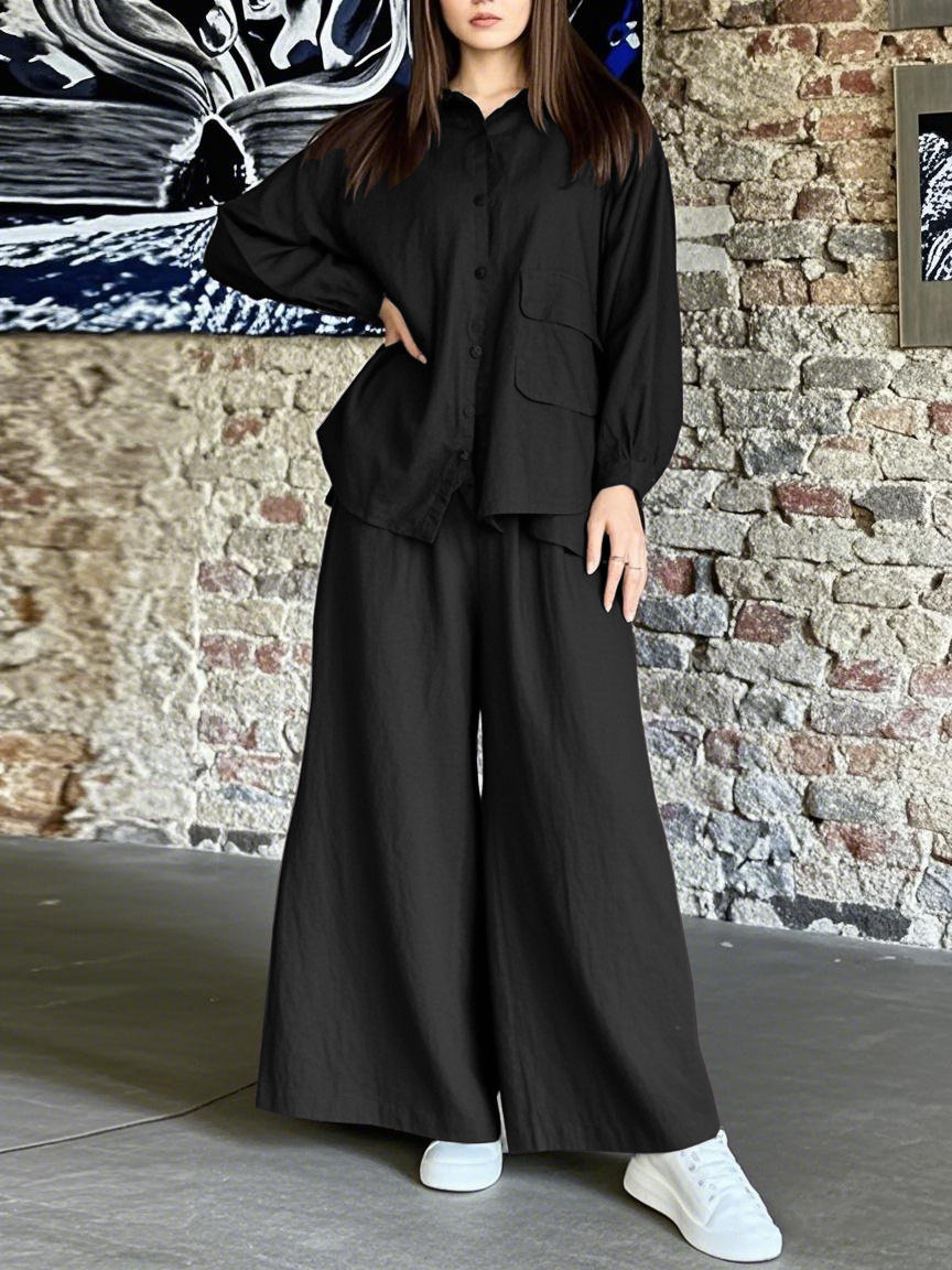 Ensemble chemise oversize en coton et pantalon large – Tenue minimaliste vintage euro-américaine (S-5XL, 7 couleurs, indispensable du bureau au week-end)_voghion.com