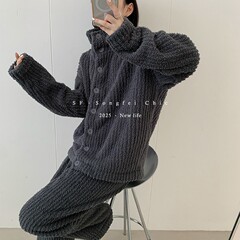 坑条高领加绒睡衣套装冬季新款毛绒加厚保暖家居服两件套柔软宽松