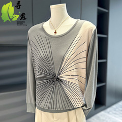 时尚女装印花烫钻妈妈装秋季衣服圆领套头显瘦衣服针织衫中年装秋