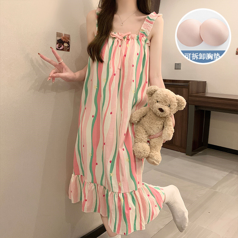 Transfronterizos polvo de dopamina rayada pijama de verano de algodón gaza de mujer es dulce se puede usar con cojín de pecho ropa para el hogar