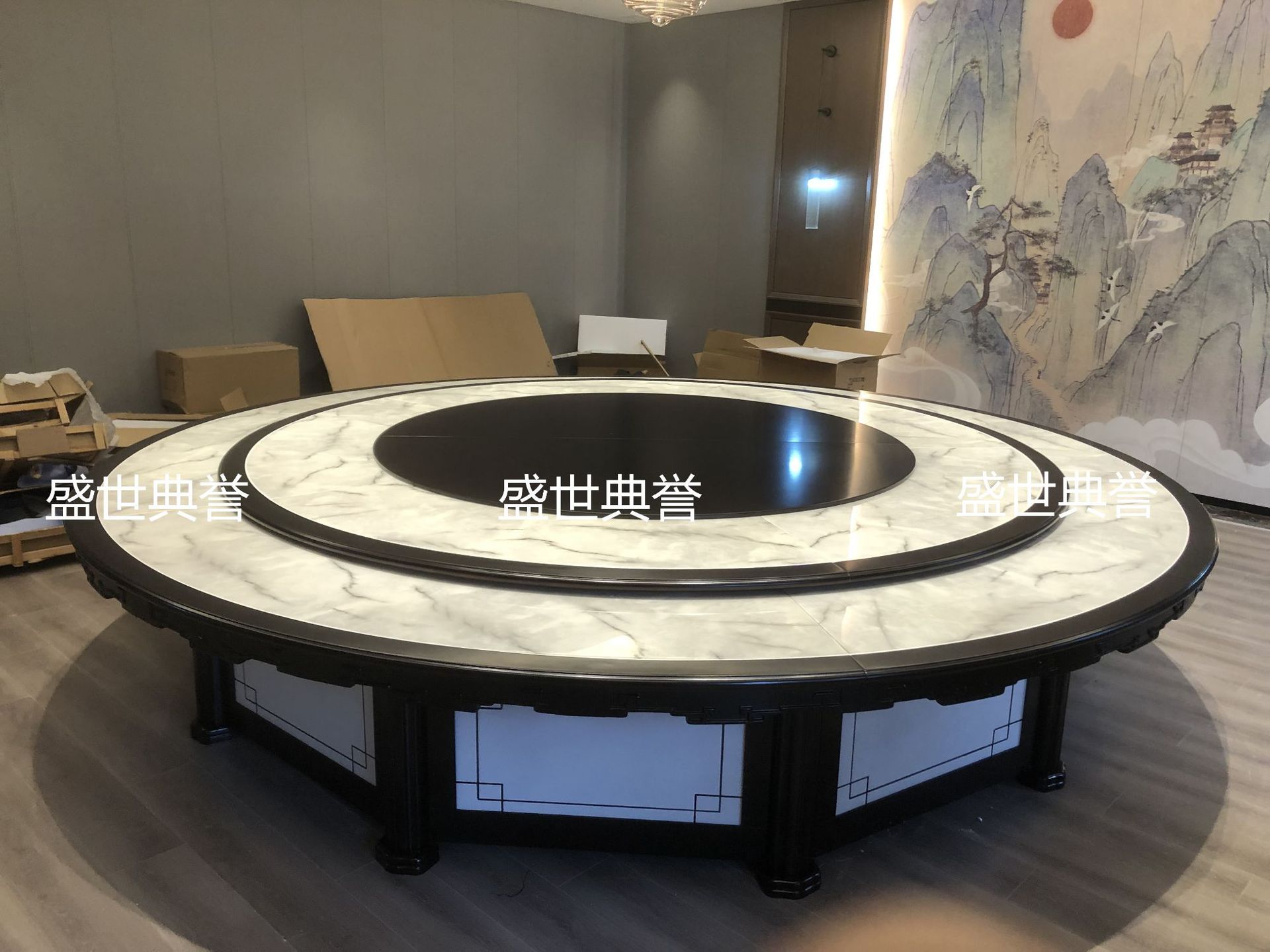 运城星级酒店大理石电动餐桌宾馆包厢新中式实木桌餐厅豪包大圆桌详情16