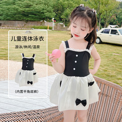 Children's one-piece swimsuit for girls, summer 2023 new cute pom-pom skirt princess bow tie swimwear for kids vacation