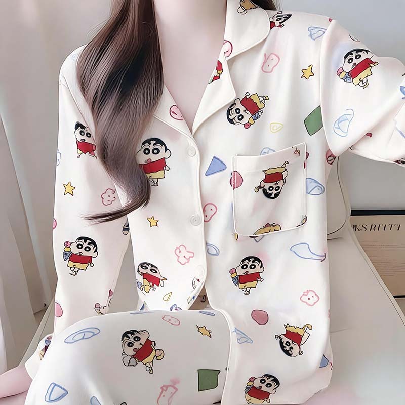 2026 Spring and Autumn Cute Cartoon Crayon Shin-chan Cloud Cotton Pajamas for Women, Long Sleeve and Pants Set, Ins Home Wear