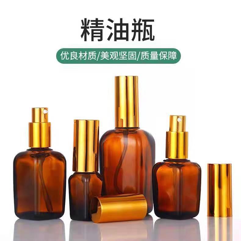 Fabricante en stock 10ml-l100ml cuadrado marrón botella de aceite esencial botella de aerosol cosmético botella cuentagotas botella de esencia