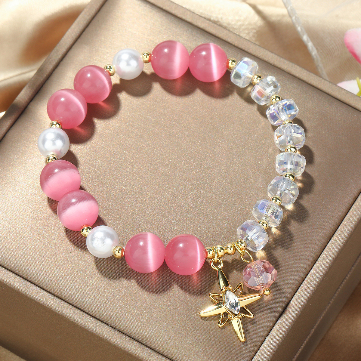 Fashion New Pink Opal Crystal Star Beads Geometric Bracelet