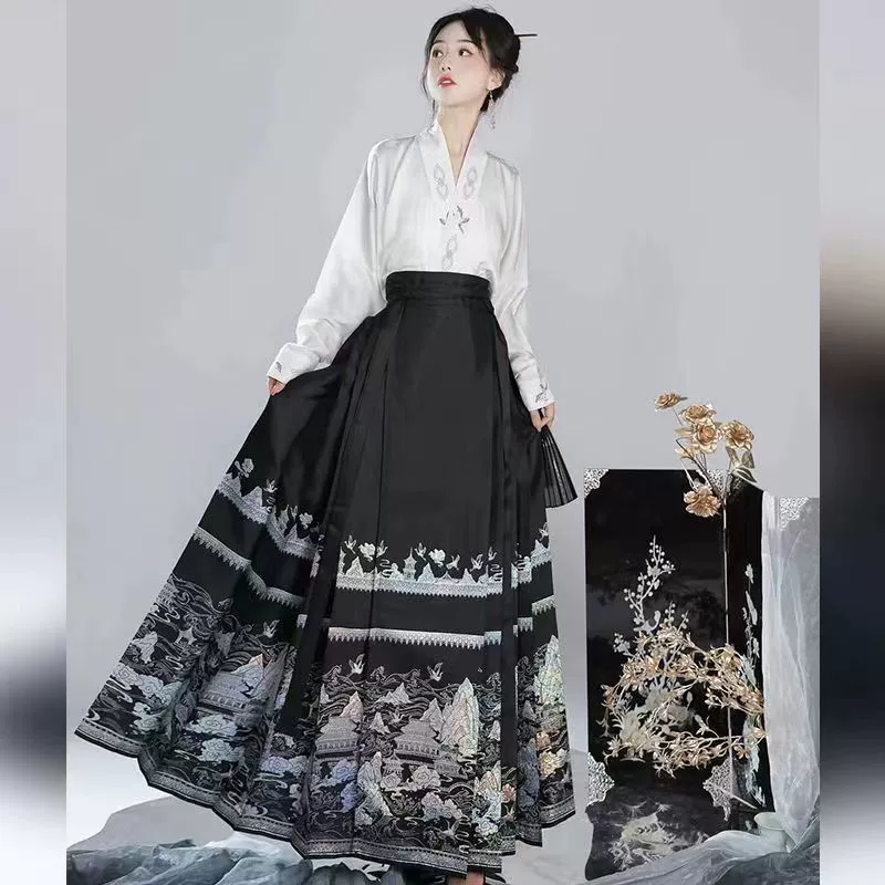 Новый 2024 год Sea Xianshan оригинальная печать новый китайский конский noodles skirt set aircraft sleeve sleeve daily popular Tongming mother