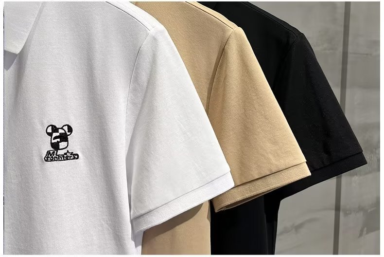 2024 Summer Thin Pearl Mesh Bear Embroidered Back Letter Print Slim Fit Elastic Polo Short Sleeves_voghion.com