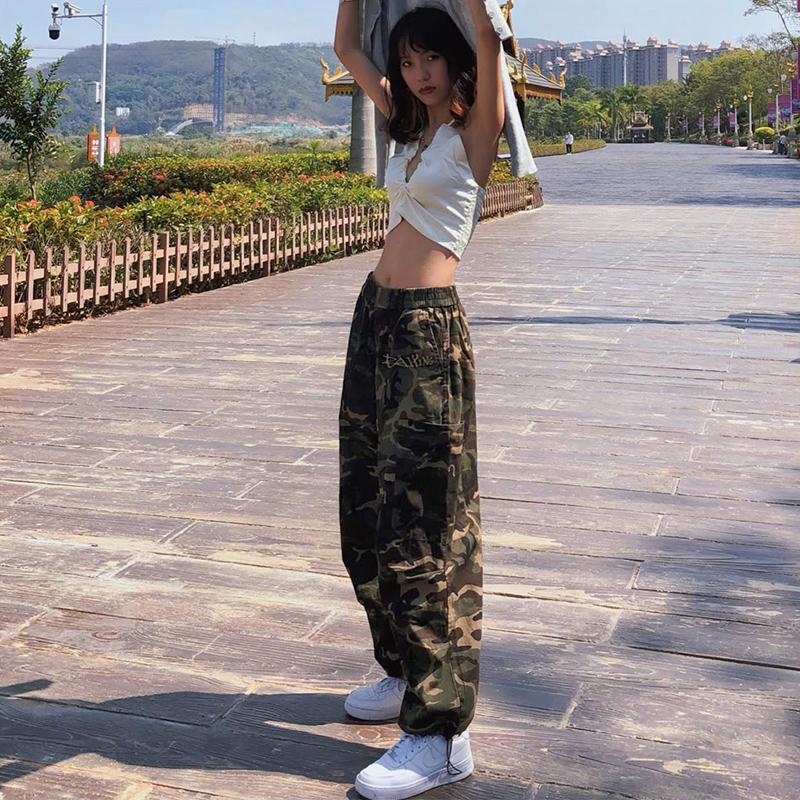 レトロ迷彩国潮工装ズボン女2023秋薄ins潮アメリカ高街hiphopストレートズボン|undefined