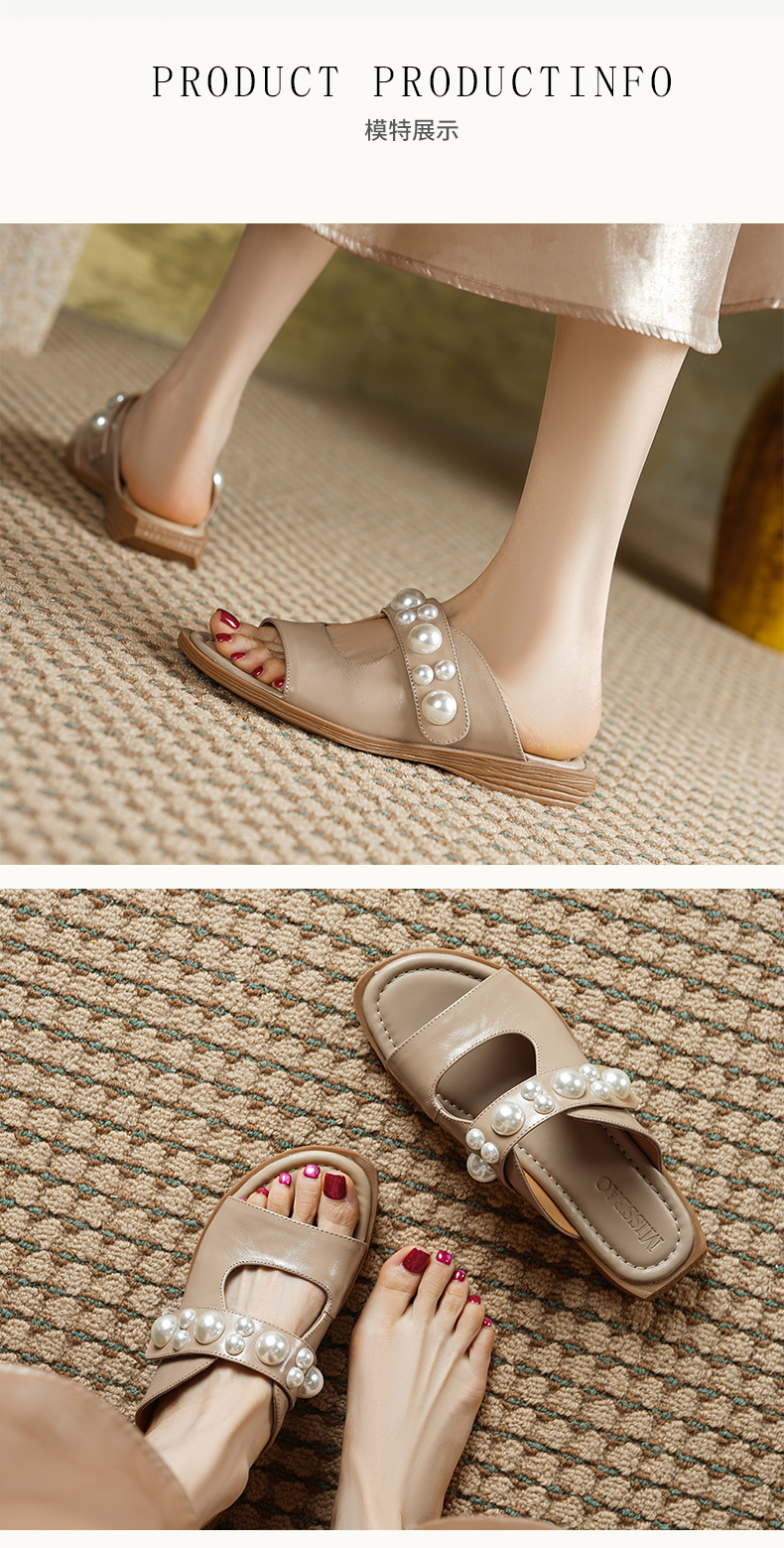 Dép sandal nữ quai chữ V đế bệt da mềm đính ngọc trai phong cách tiểu thư — Màu trắng nhạt, mơ chi tiết 3