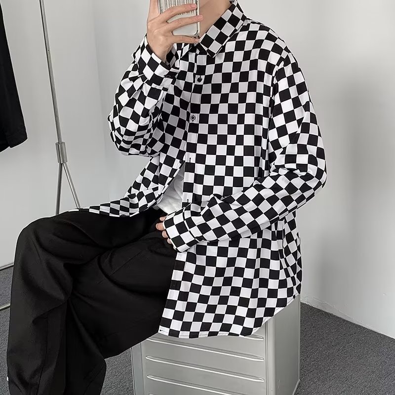 Men's Summer Elastic Thin Trendy Brand Ins Personality Checkerboard Pattern Jacket Cool Long Sleeve Plaid Shirt_viptrois.com