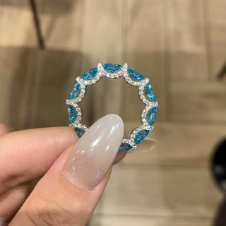 隆隆金 直播新款S925银满钻海蓝宝4*6椭圆鸽子蛋排戒铭媛富婆款
