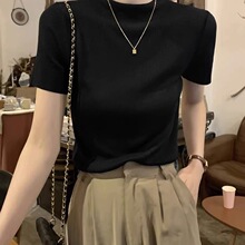 冰丝半高领针织t恤女正肩上衣夏季韩系简约别致立领辣妹黑色短袖