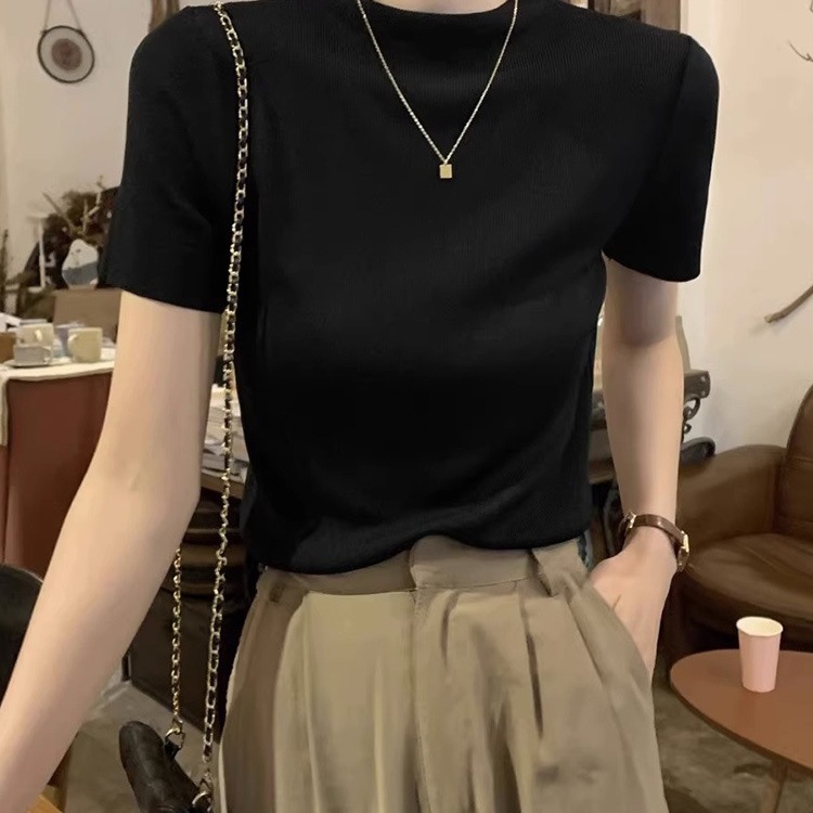 冰丝半高领针织t恤女正肩上衣夏季韩系简约别致立领辣妹黑色短袖