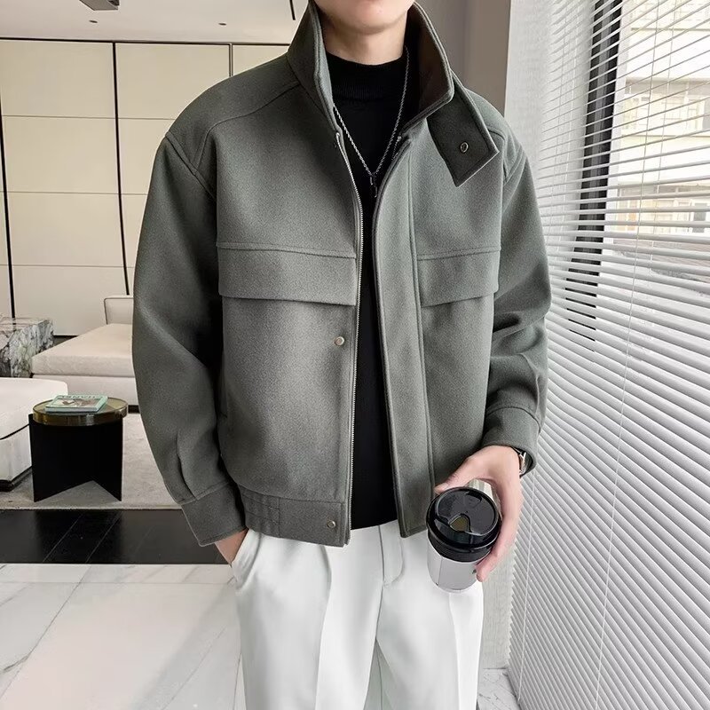 男士短款秋冬季工装夹克上衣服秋冬新款潮男修身轻熟呢子外套毛呢