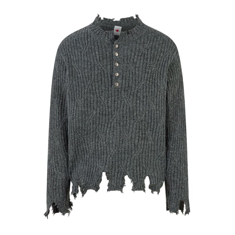 219 Simple Pure Color Neutral Tattered Hem Design Knitwear Street Trendy Men's High-End Loose Cardigan Knitwear