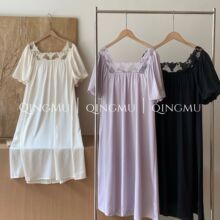 中长款短袖连衣睡裙女夏显瘦带胸垫法式高级感家居服女士冰丝睡衣