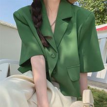 短款小西服女春夏韩版2024新款薄款垂感显瘦绿色盐系短袖西装外套