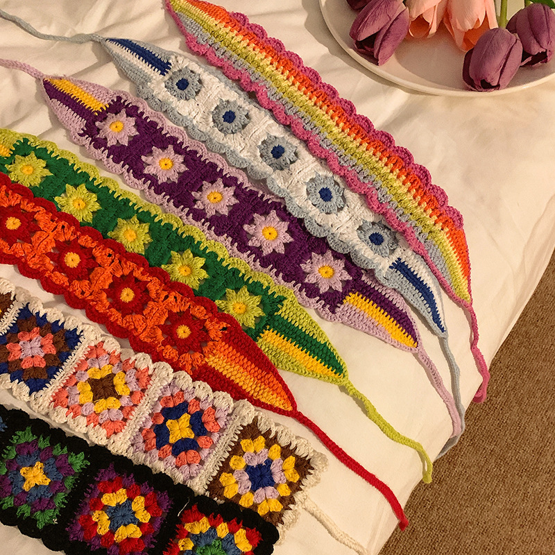 Retro Ethnic Flower Triangular Scarf Headband for Women, Knitted Hair Tie, Forest System Pastoral Style Travel Photography Hair Accessory