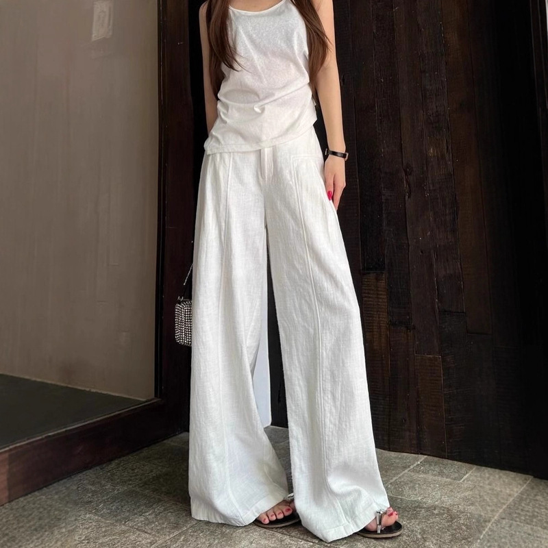 White Linen Wide-Leg Pants for Women, Summer Thin High-Waisted Drapey Old Money Style Casual Straight-Leg Ice Silk Cotton Linen Suit Pants