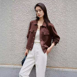 雅*莹女装 美拉德气质仿麂皮绒夹克翻领短款外套 2024早秋新品