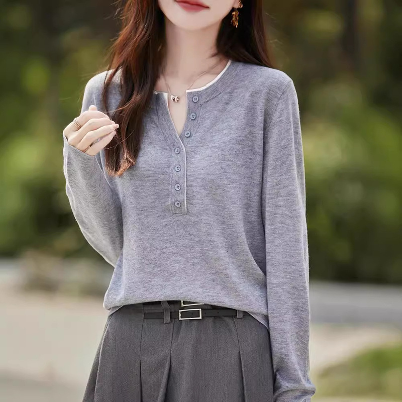 Worsted 100 Pure Wool Round V-neck Base Shirt Women's 2024 New Style Grey Long-sleeved Thin Knit Sweater