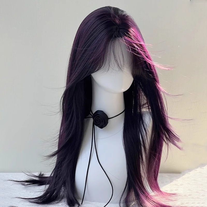 Wig Women's Crisis Girl Series cos Blackcurrant Purple Mid Eight-character Bangs Simulation Hair Full-top Wig Cover
