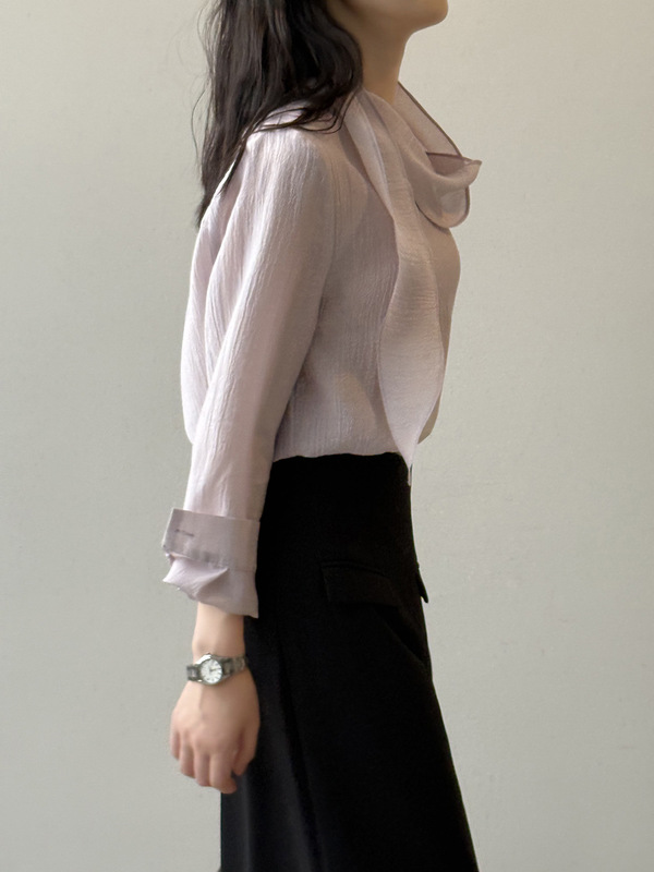 言双 设计感飘带长袖衬衫女 秋季高级感气质肌理通勤上衣82581|undefined