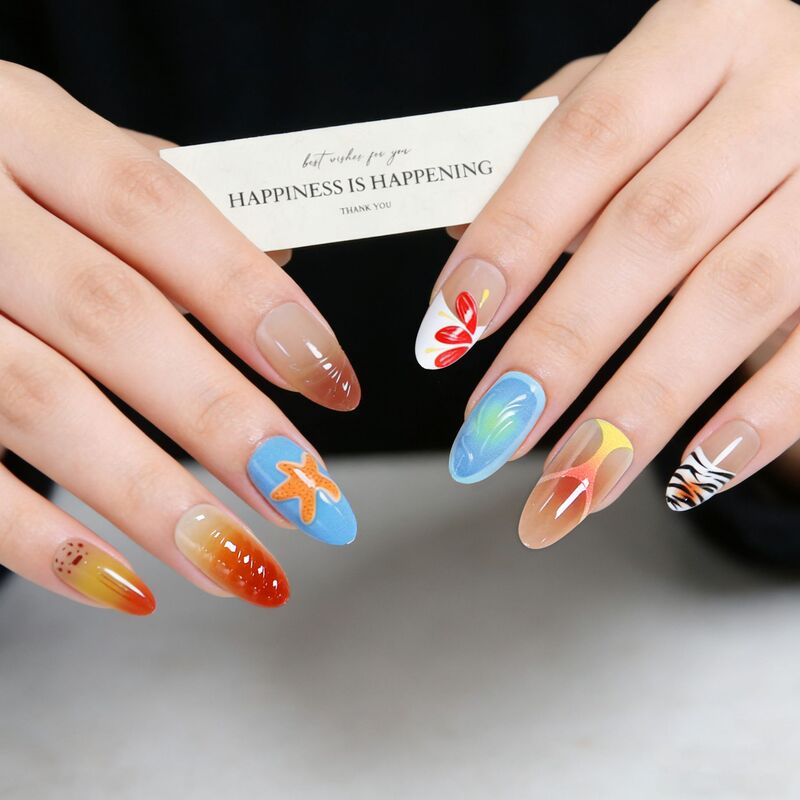 Cross-border 3D three-dimensional wearable nails with starfish, shells, almond flowers, blush gradient, island vacation style, wholesale fake nails Cross-border 3D three-dimensional wearable nails with starfish, shells, almond flowers, blush gradient, island vacation style, wholesale fake nails