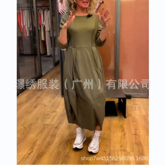 Трансграничное европейское и американское осенне-зимнее новое Amazon трансграничная внешняя торговля Европейское и американское однотонное платье больших размеров с круглым вырезом и длинными рукавами для женщин