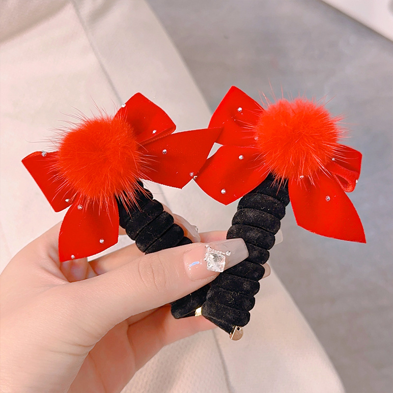 Felpa Año Nuevo accesorios para el cabello para niños línea telefónica rica banda para el cabello cuerda para el cabello Velvet Cherry Bow banda de goma banda para el cabello