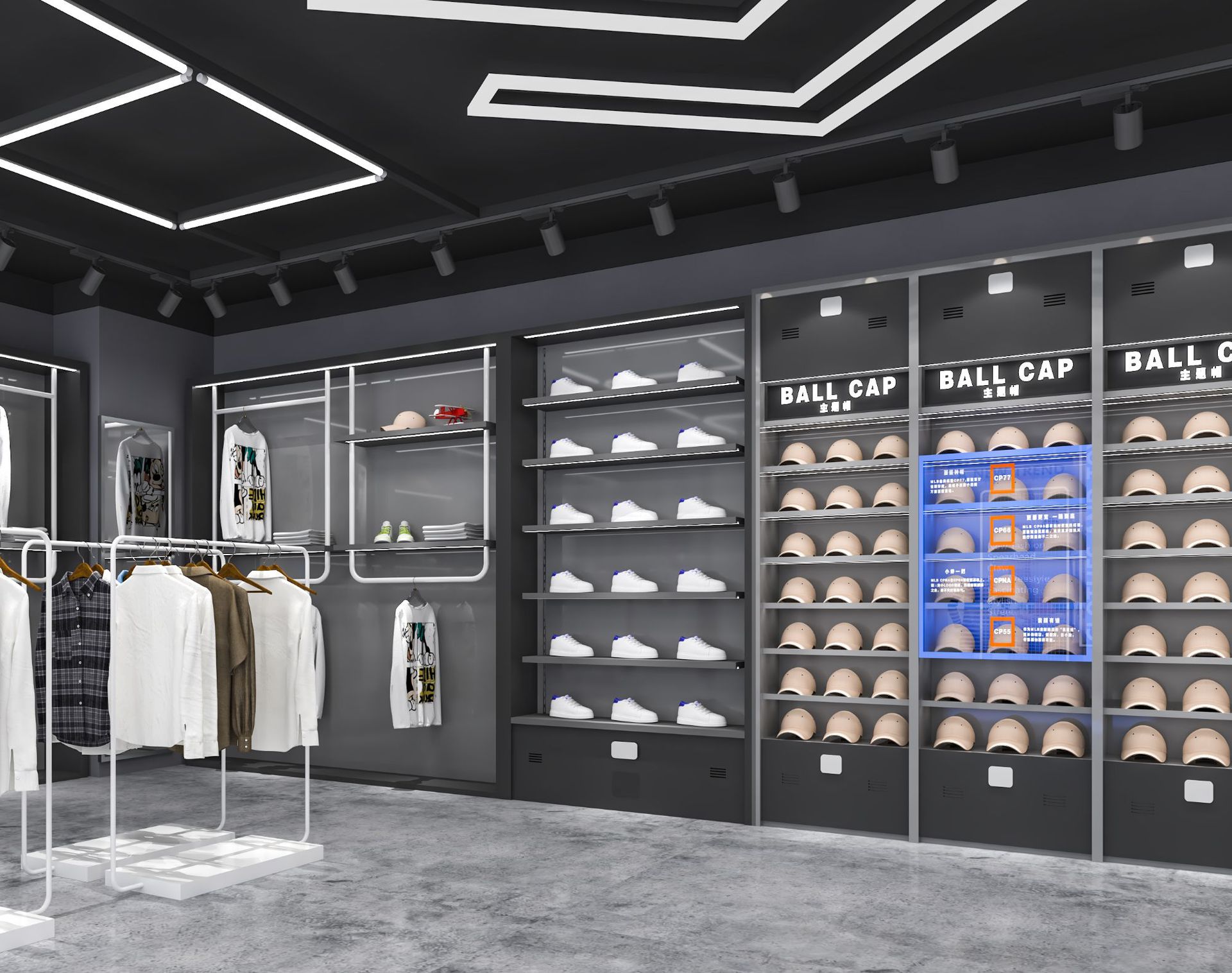 con lámpara en la pared de la tienda de ropa de hombre estantes de decoración de la tienda de ropa de alta gama estante de exhibición estante de exhibición tipo piso